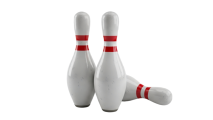 Three classic bowling pins stand ready for a strike, one lying down after a roll.