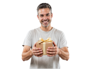 Man holds a gift box with a ribbon while smiling in a simple setting