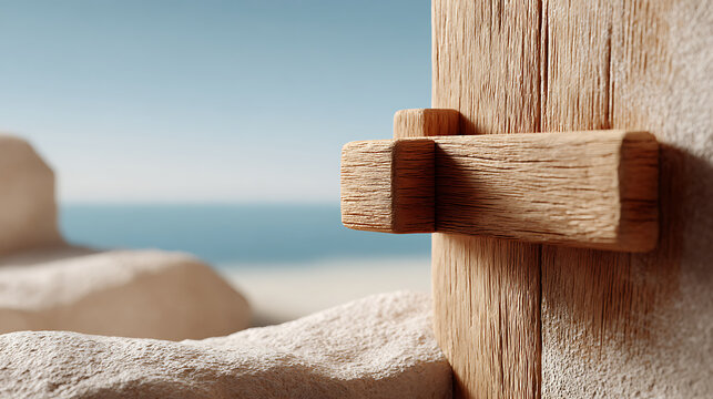 A rustic wooden latch on a weathered wooden post, set against a blurred background of sandy terrain and a distant blue sky and sea. - Powered by Adobe
