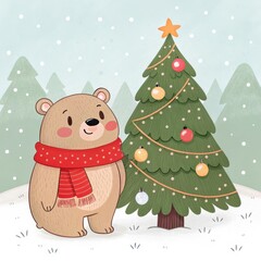 Cute bear with a Christmas tree in a snowy landscape, joyful mood, colorful illustration, copy space