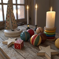 Vintage toys and candles on a wooden table, nostalgic atmosphere, warm lighting, copy space