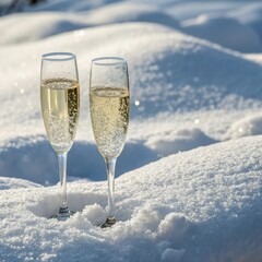 Champagne glasses in fresh snow, celebratory mood, elegant winter setting, copy space