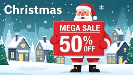 Merry Santa Claus wearing a red hat carries a gift on a snowy winter road for a happy Christmas holiday celebration greeting card illustration