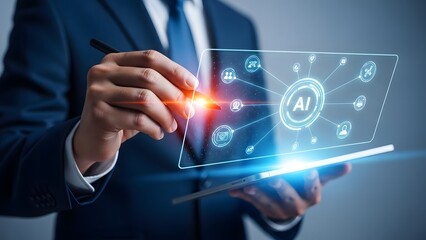 Business professional interacting with a glowing digital interface and data