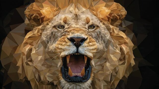 Geometric polygonal lion head with open mouth on dark background
