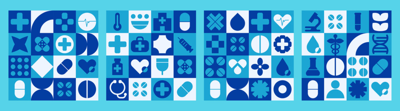 Set hospital mosaic pattern with science and medical day geometric elements.