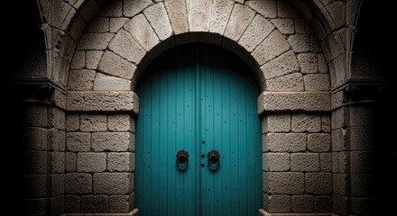 Antique wooden door set in an aged stone and brick wall of a building