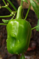 Close-up of Fresh Green Bell Pepper on the Plant with Water Droplets
