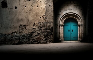 Obraz premium Antique wooden door set in an aged stone and brick wall of a building