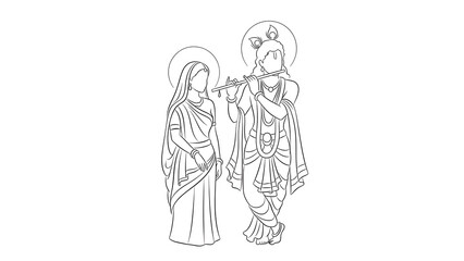 Obraz premium Minimalist Elegant Line Art Silhouette of Radha and Krishna with Flute, Depicting Divine Love, Spiritual Harmony, Graceful Motion, and Timeless Hindu Devotional Art
