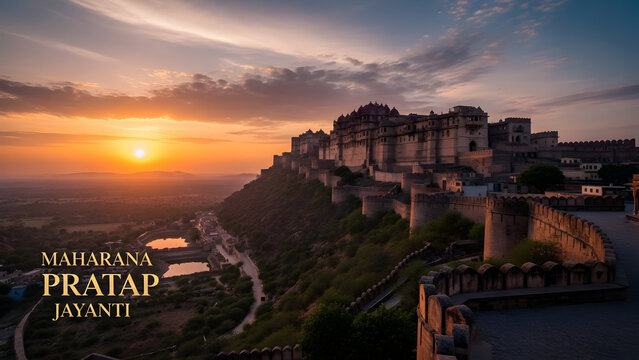 Majestic Illustration of Chittorgarh Fort at Sunset with Maharana Pratap Jayanti Text Overlay, Highlighting Historic Valor, Rajput Heritage, and Scenic Architectural Grandeur