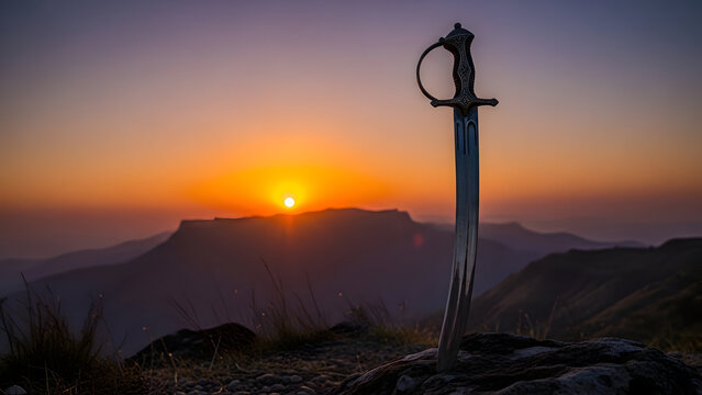 Striking Illustration of a Maratha Talwar Sword Standing Against a Mountain Silhouette, Symbolizing Valor, Heritage, and Courage, Commemorating Maharashtra Day with Patriotic Spirit