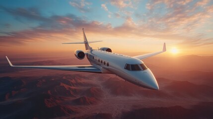 Fototapeta premium Private jet flight over mountains at sunset
