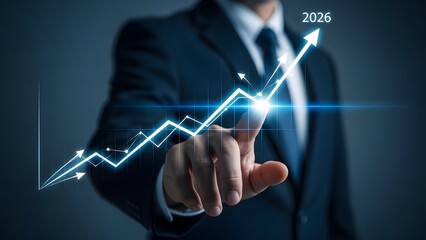 Business professional interacting with a glowing digital growth chart overlay