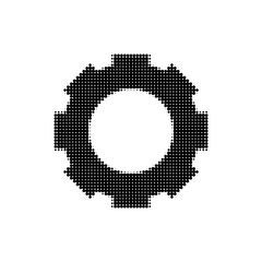 Halftone gear icon in black and white. Dotted mechanical cogwheel symbol for settings, technology, engineering, and industrial interface design.