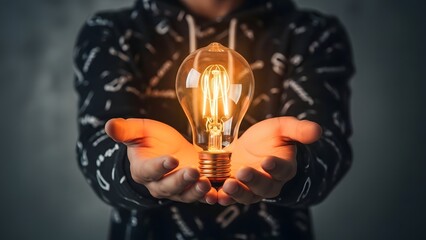 Hands gently holding a glowing vintage edison light bulb concept