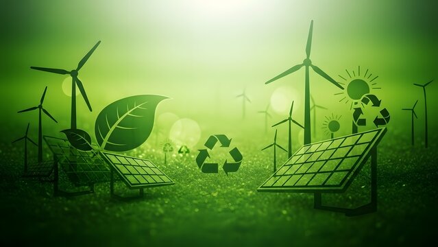 Sustainable Green Energy Concept: Wind Turbines, Solar Panels & Eco Symbols for a Renewable Future - Powered by Adobe