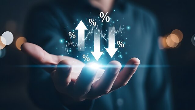 Businessperson analyzing financial data with digital arrows and charts displayed - Powered by Adobe