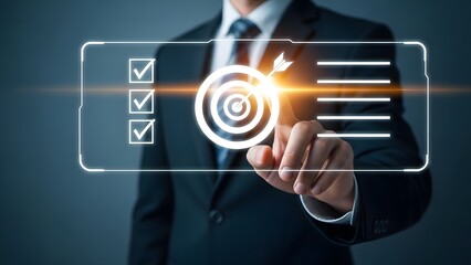 Business professional interacting with a digital interface showing target success
