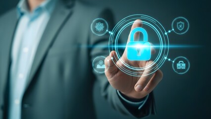 Man interacting with digital security interface showing data protection concepts