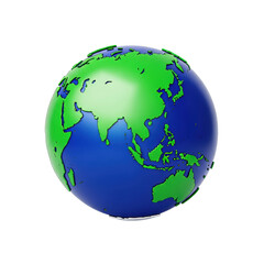 Naklejka premium hyper-detailed 3d vector globe showing sapphire oceans and emerald continents (asia, australia focus), glossy reflective surface, isolated on white studio background with copy space. concept of