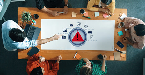 Red warning triangle representing a cybersecurity threat or data breach alert, surrounded by digital security and network protection icons, symbolizing cyber risk awareness Parse