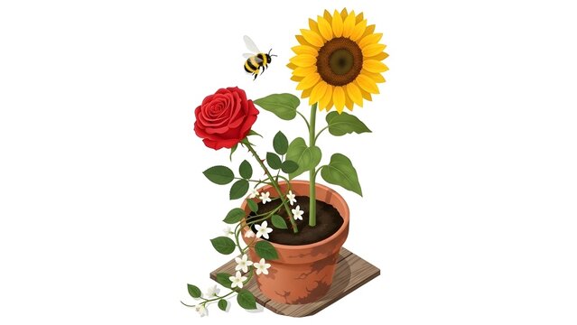 A terracotta pot containing a vibrant yellow sunflower, a red rose, and delicate white trailing flowers, with a bee flying above.