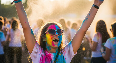 Portrait of a smiling young woman celebrating holi festival