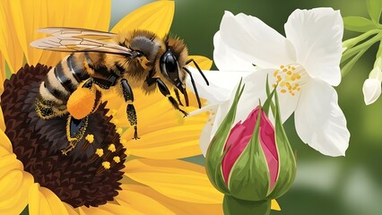 A honeybee with pollen on a vibrant yellow sunflower next to a white flower and a pink rosebud.