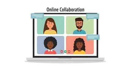 A laptop screen displaying an online video conference with four diverse people collaborating remotely.