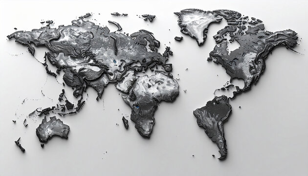 3D rendered world map with textured continents and topographic detail global geography