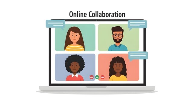 A laptop screen displaying an online video conference with four diverse people collaborating remotely. - Powered by Adobe
