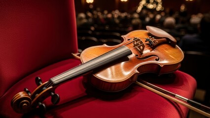 Violin and bow resting on a red velvet chair in an empty concert hall.