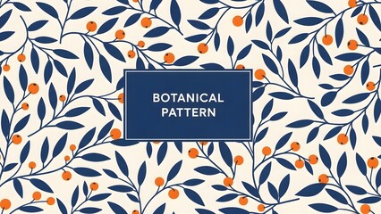 Seamless botanical pattern featuring dark blue leaves and small orange berries on a light cream background, perfect for textile or wallpaper design