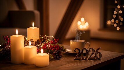 Four lit pillar candles and a steaming cup of coffee rest on a wooden table next to metallic '2026' numerals, creating a warm, festive holiday atmosphere indoors.
