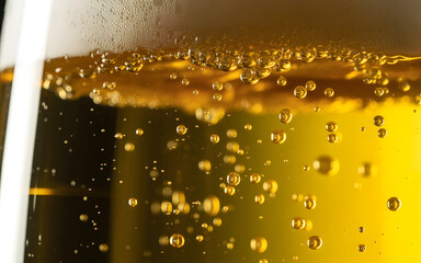 Macro golden beer bubbles texture in glass, abstract yellow carbonated liquid background, cold refreshing alcohol drink foam detail, sparkling lager ale beverage pattern, for pub bar menu, brewery.