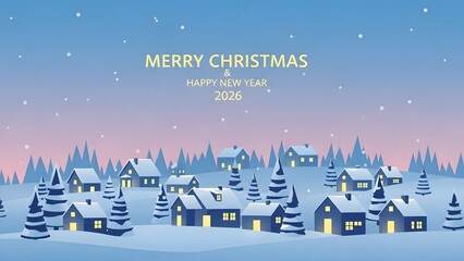 A festive Christmas card illustration showing a snowy winter village at night with decorated Christmas trees, cozy houses, stars in the sky, and a peaceful holiday atmosphere