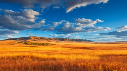 Golden grasses covering a vast prairie with distant hills under a dramatic blue sky and fluffy white clouds on an autumn day