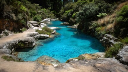 Naklejka premium Blue Pools river flowing through lush green forest and natural rock formations in New Zealand