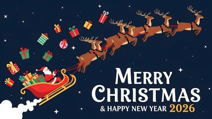 Vector illustration of a happy Santa Claus with reindeer and sleigh in a winter night sky for a Christmas card design featuring stars and snow