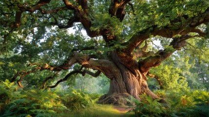 Obraz premium Ancient oak tree standing in a sunlit forest, surrounded by green ferns, conveying concepts of age and endurance