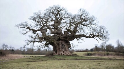 Fototapeta premium Ancient oak tree, a symbol of longevity and resilience, showing its gnarled bare branches against a winter sky