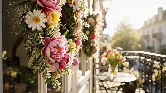 A Romantic Balcony Adorned With Flowers and Blossoms, Capturing Beauty and Serenity