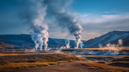 Fototapeta premium Geysers and fumaroles emitting steam from the geothermal field, capturing sustainable energy and natural power