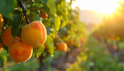 Apricots on a branch in an orchard with golden sunlight in the background fruit tree