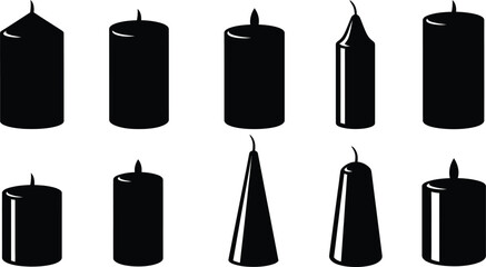 A collection of black silhouette candles in varying shapes and sizes