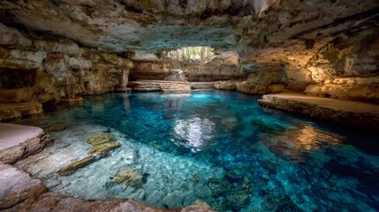 Naklejka premium Cenote Ik Kil reflecting the sky, with vines hanging into the refreshing freshwater. A popular destination for tourism and swimming