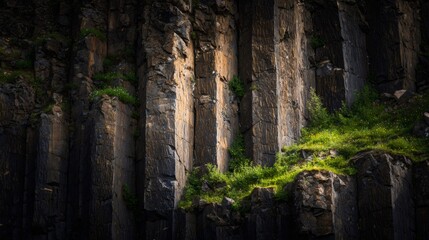 Basalt columns forming a natural rock formation with lush green vegetation and sunlit textures