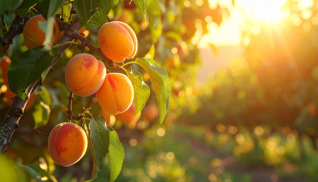 Apricots ripening on a branch in the golden light of sunset with bokeh fruit tree - Powered by Adobe