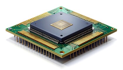A detailed view of a square-shaped green computer processor with golden pins against a white background